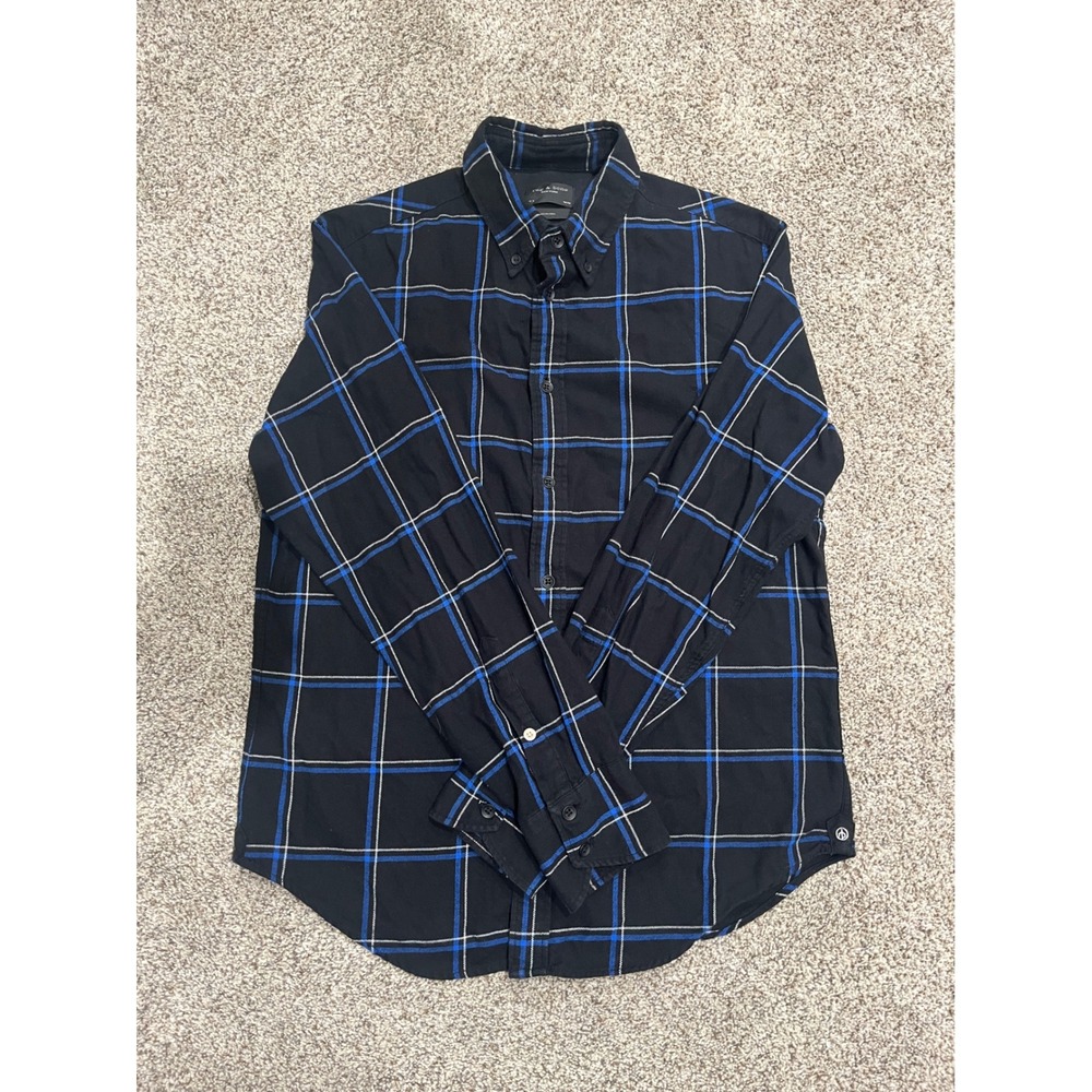Rag & Bone Fit 2 Mens Medium Black Blue Grid Plaid Cotton Button Down Shirt